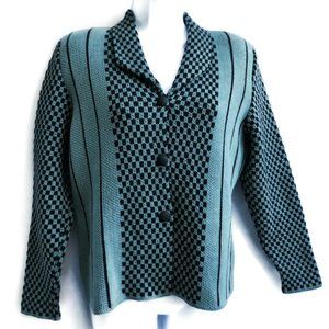 Vintage H Moss Harriett Cardigan Sweater Ramie Knit Green Black Checkered Stripe